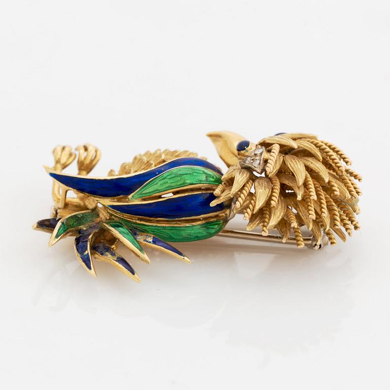 An 18K gold and enamel brooch set with eight-cut diamonds.