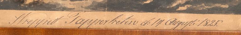 Okänd konstnär 1800-tal,  "Skeppet Tapperheten i storm utanför Londonderry, Irland, d 14 augusti 1825".