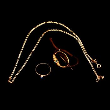 KEDJA, RING SAMT BROSCH, 18 k guld. Vikt  ca 6 g.