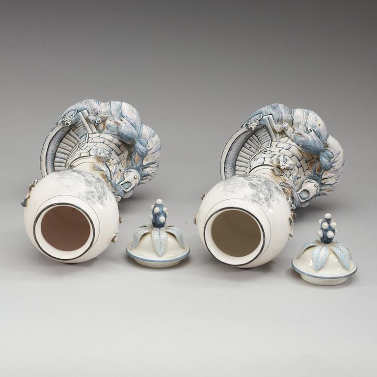 A pair of Swedish Marieberg faience vases with covers, 18th Century.