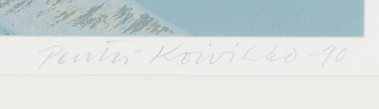Pentti Koivikko, serigrafi, signerad och daterad-90. Märkt 'tait.vedos'.