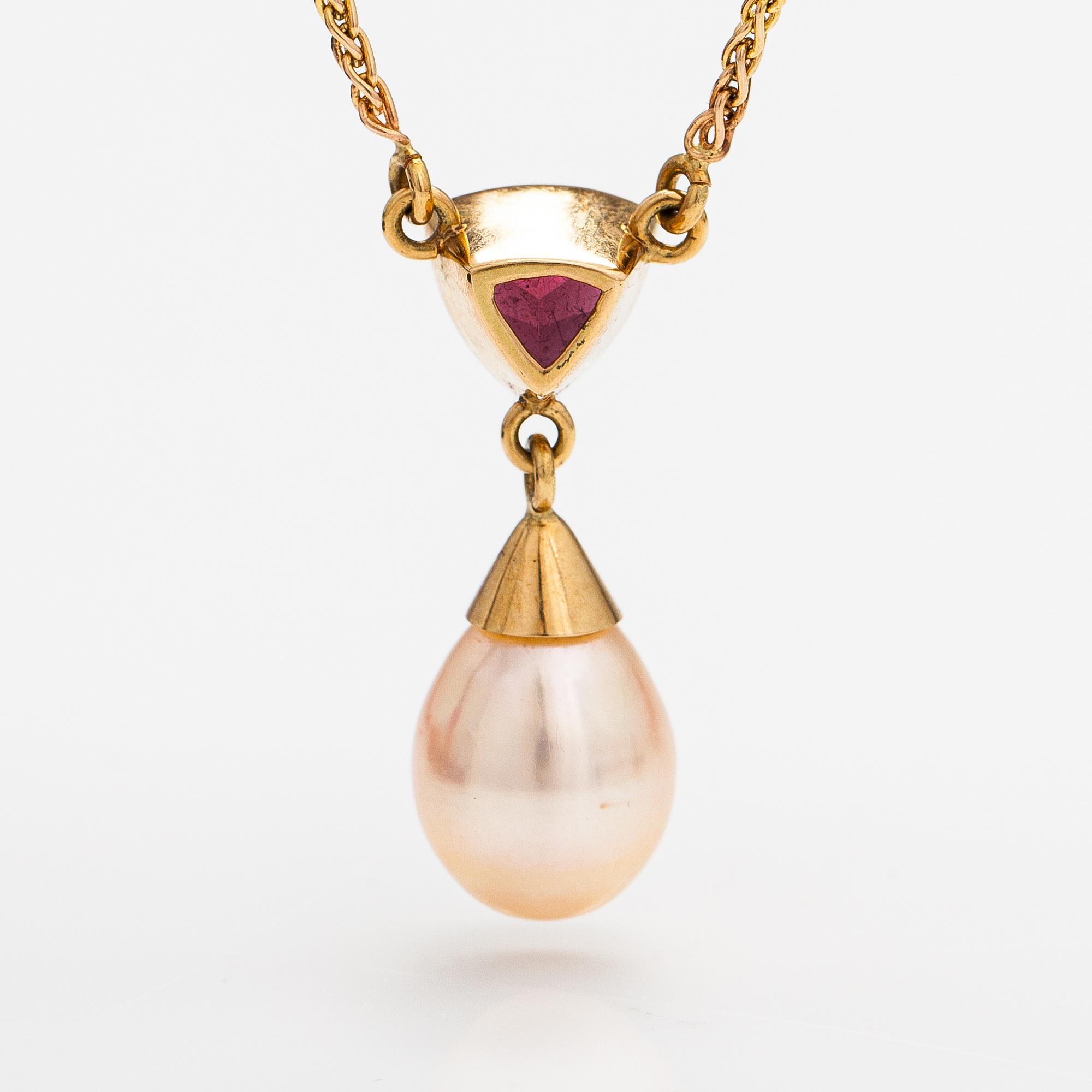 Halsband, 14K guld, turmalin och odlad pärla.