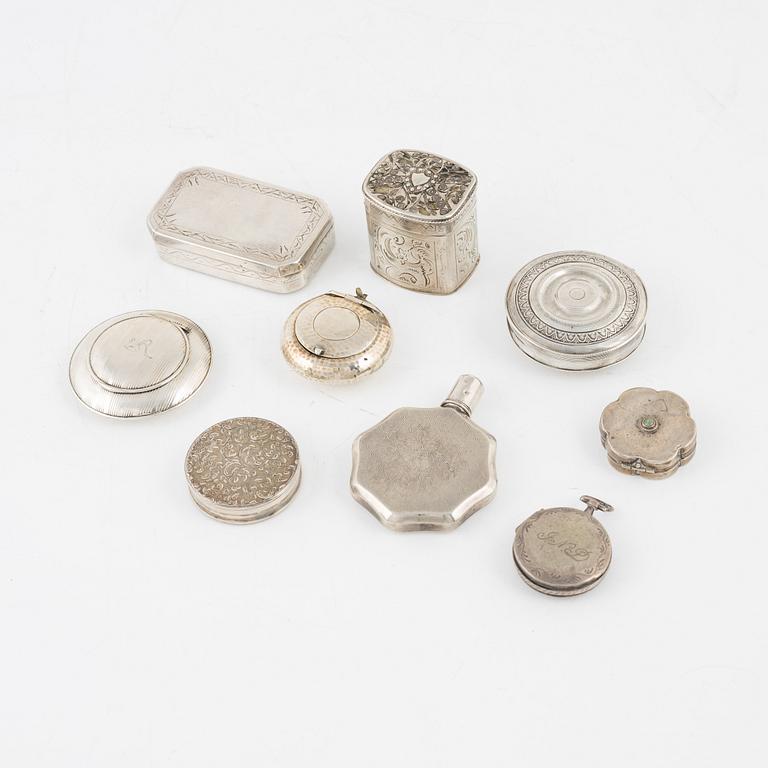 Nine Silver Boxes, 19-20th century.