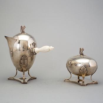 silver coffee pot with ivory handle and sugar bowl by CG Hallberg, Stockholm 1981 and 1920. Weight ca 1681 grams.
