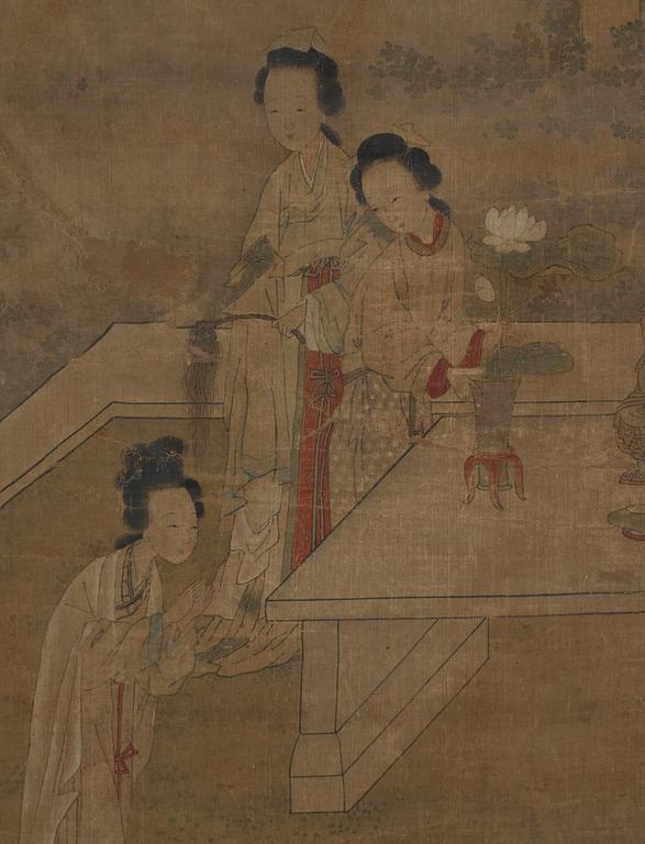 Gu Jianlong In the manner of the artist., Elegant ladies of the court by a table with antiques and precious objects in a garden.