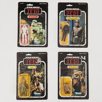 STAR WARS, 4 stycken figurer i Return of the Jedi förpackning, Kenner och Palitoy 1980-tal.