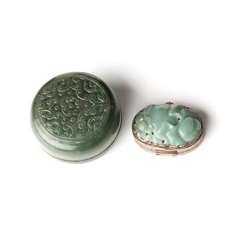 Two Chinese nephrite boxes, one with silver mount.