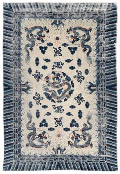 153. An antique Chinese ' five dragon rug', c. 280 x 190 cm.