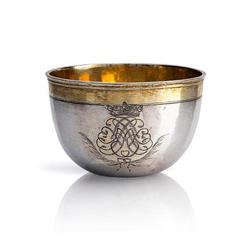 206. Fredrik Tynzelman, tumlare, delvis förgyllt silver, Malmö (verksam 1668-1703). Karolinsk.