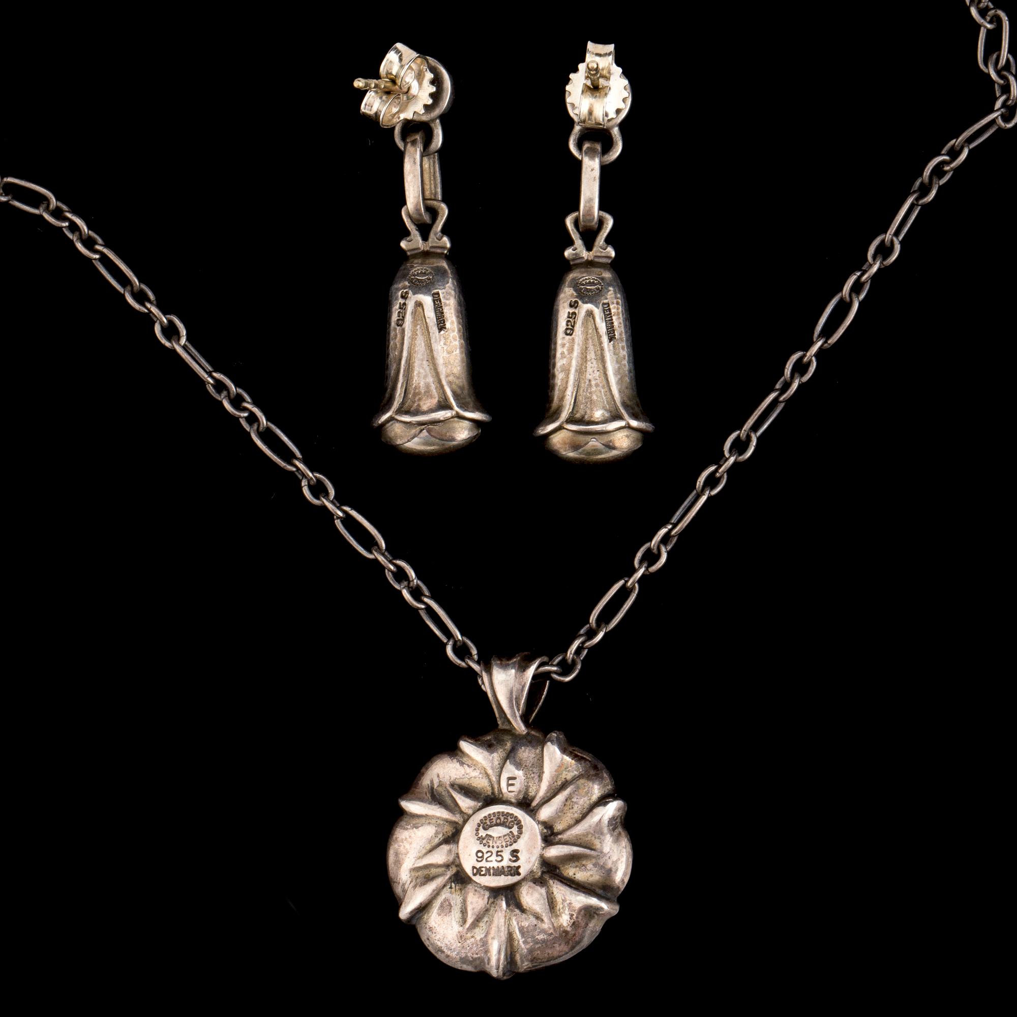 GEORG JENSEN, pendant and pair of earrings, sterling silver, late 20th century.