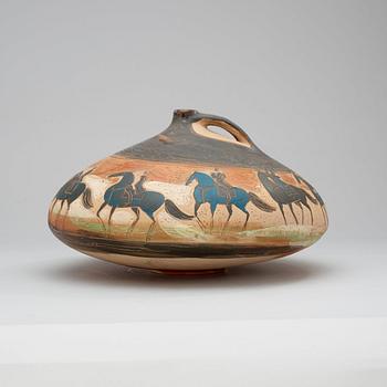 An André Brasilier painted earthenware pitcher, Sassi-Milici, Vallauris, France 1984.