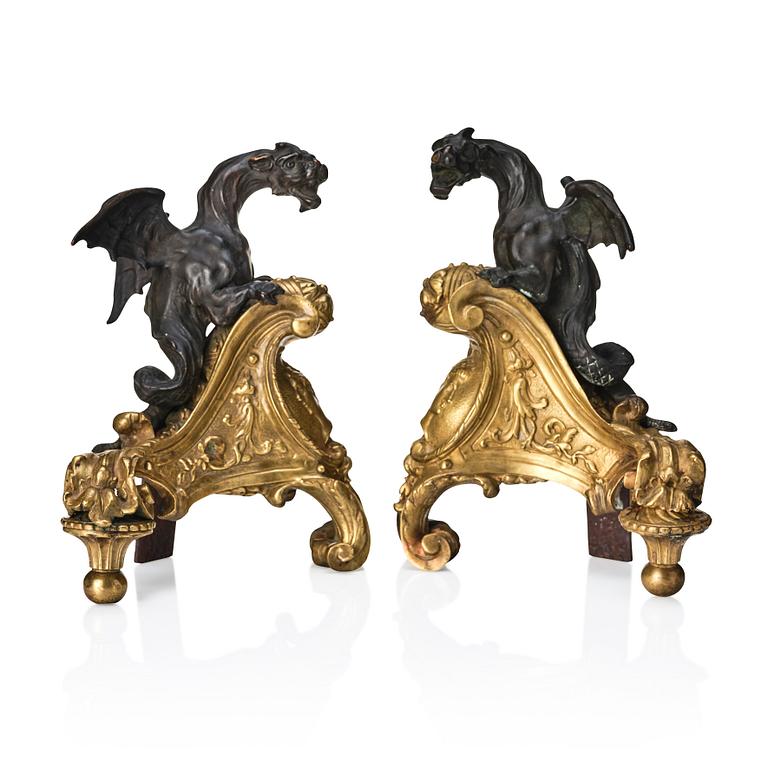 A pair of Rococo style 19th century  gilt and patinated bronze dragon chenets.