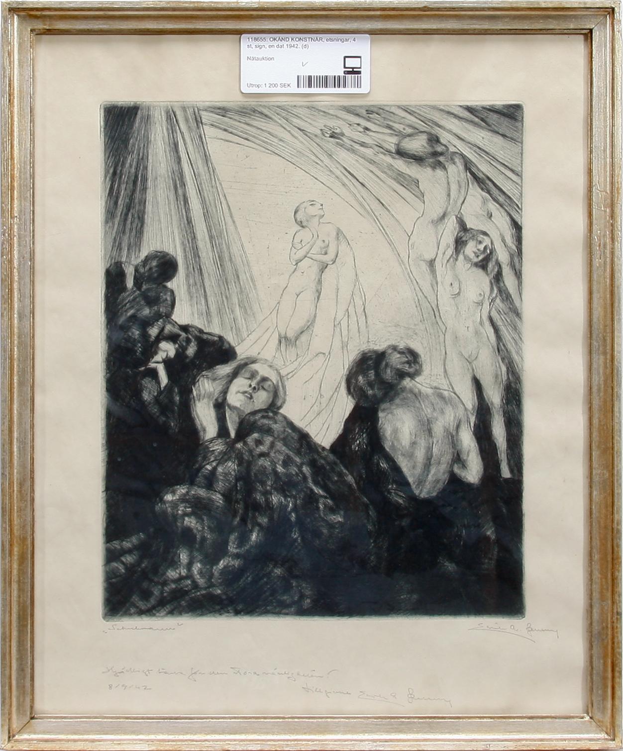 OKÄND KONSTNÄR, etsningar, 4 st, sign, en dat 1942.
