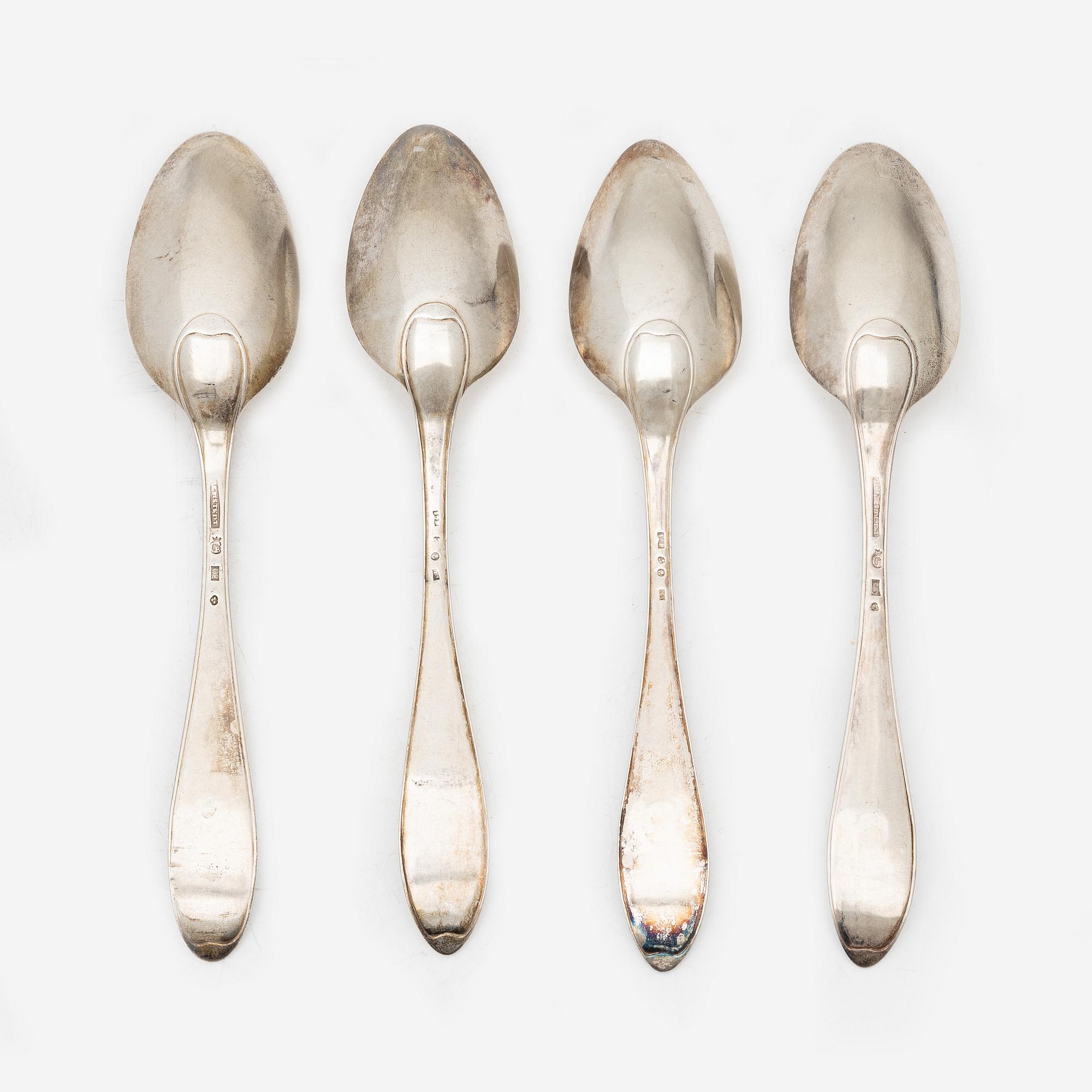 Four Swedish silver tablespoons, Gothenburg, 1796–1829.