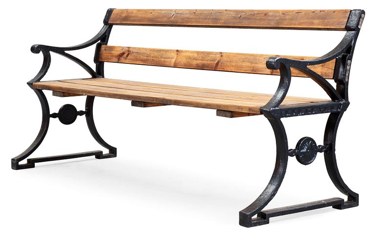 A Folke Bensow cast iron and stained wood park bench, Näfveqvarn.