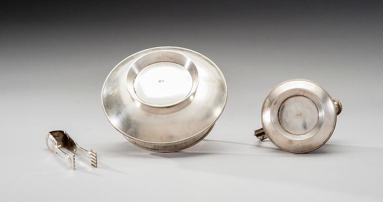 RUSSIAN SUGAR BOWL, SUGAR TONGS AND MILK JUG.