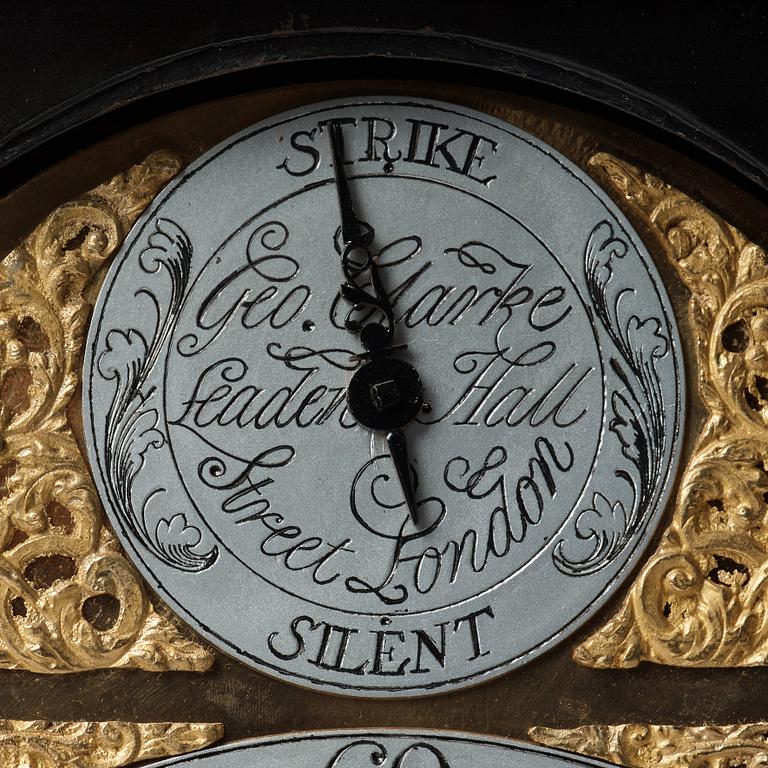 An English 18th century table clock, dial signed  George Clarke, Leaden Hall, Street London.