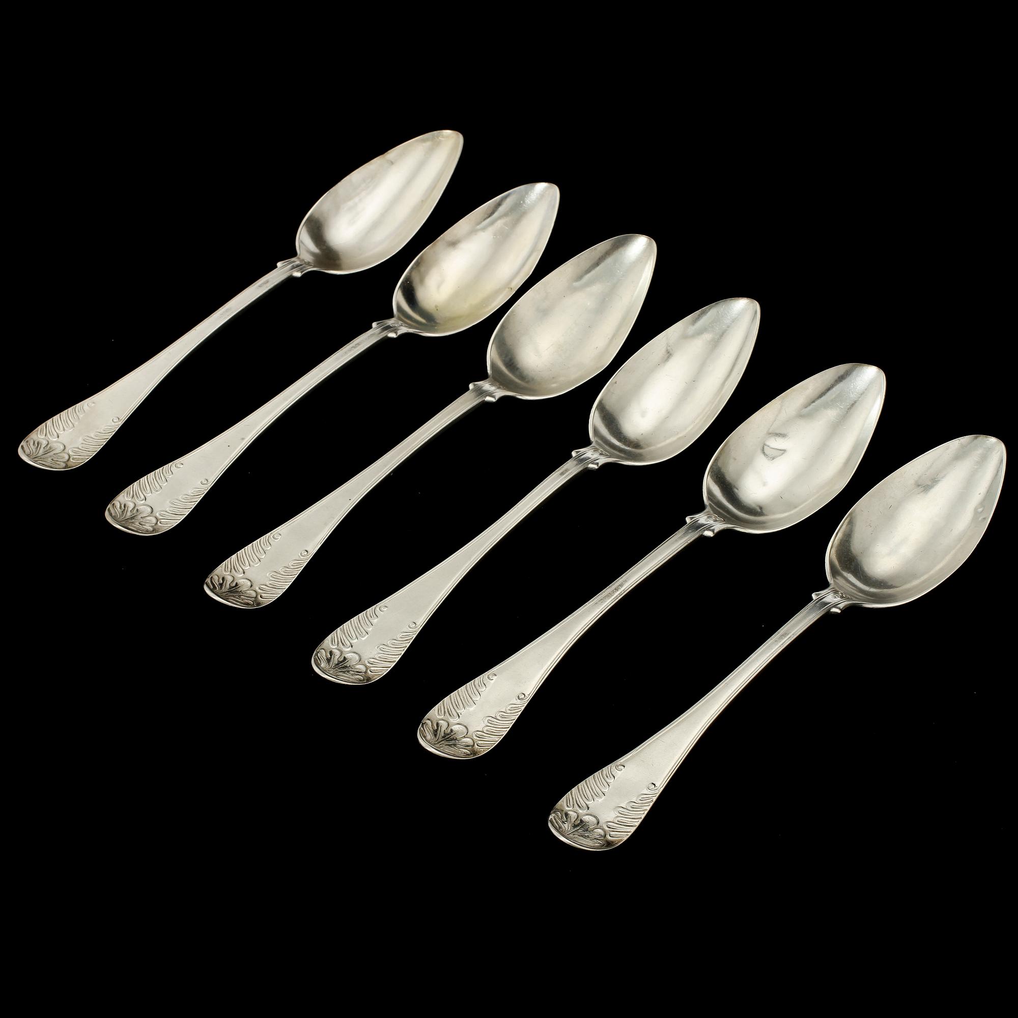 MATSKEDAR, 6 st, silver, Anders M. Bäck, Alingsås, 1850. Vikt 342 g.