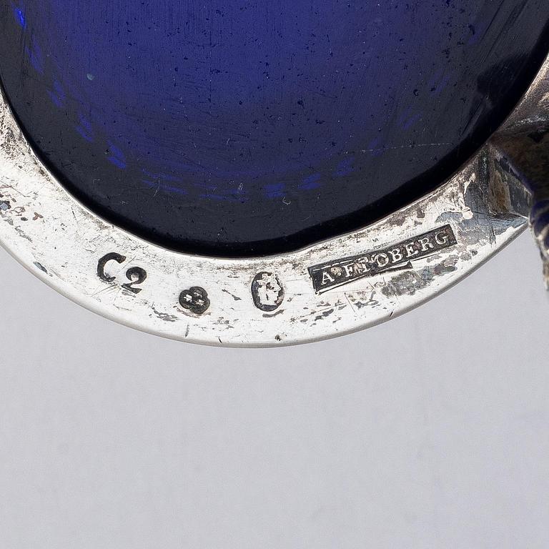 A pair of Swedish silver and glass salt cellars, marks of Arvid Floberg, Stockholm 1785.