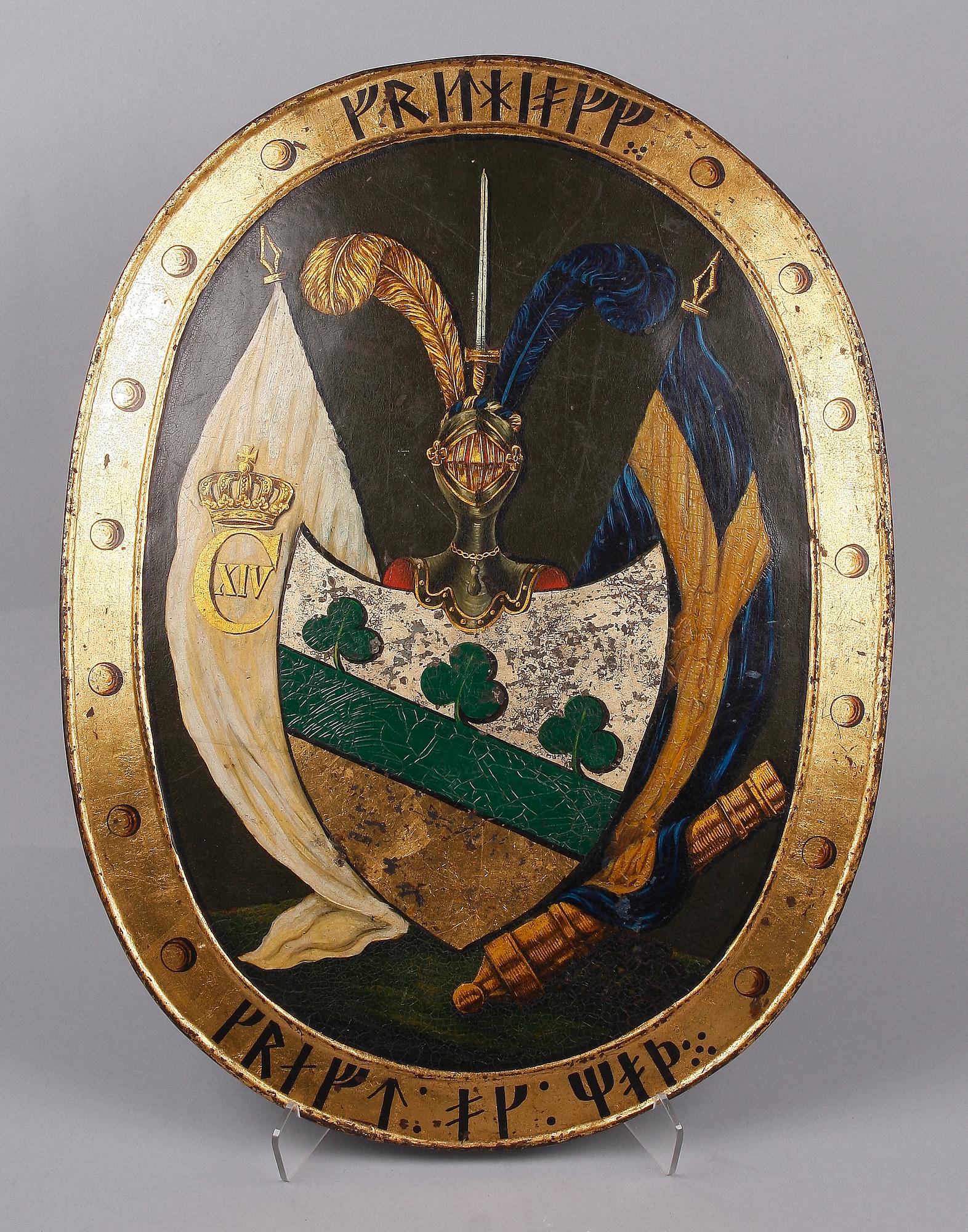 VAPENSKÖLD, bemålad plåt, Sverige, 1800-talets mitt.