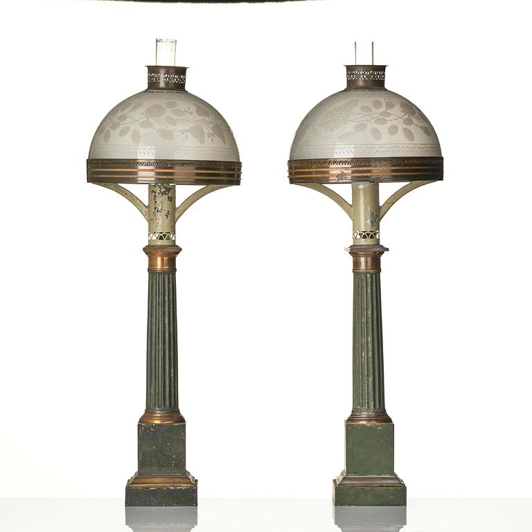 A pair of Empire painted sheet metal carcel oil lamps.