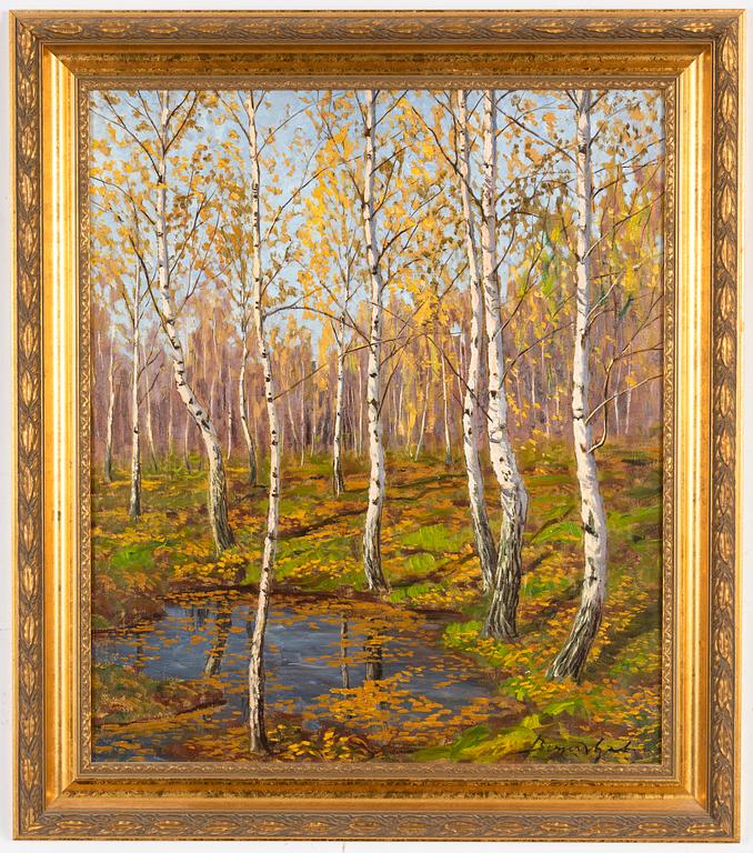 Birger Hjelm, Birger olja på papp-pannå, signerad.