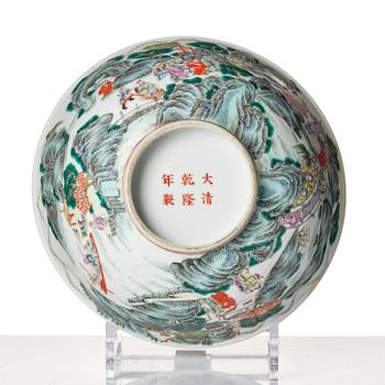 An enamelled landscape bowl, Republic with a Nian Zhi, Da Qing mark in red.