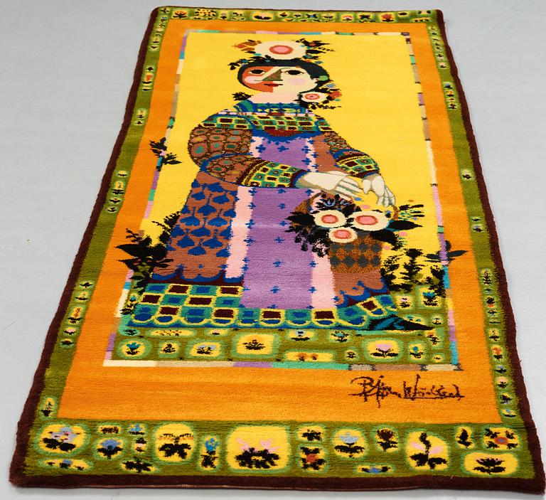 Björn Wiinblad, A WALL HANGING/A CARPET, "Tucano", "Spring Lady", hand knotted, ca 282 x 106 cm, signed Bjørn Wiinblad.