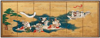 1057. A Japanese six fold screen, Edo. Signed.