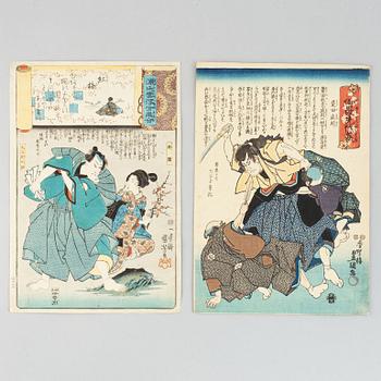 Utagawa Kuniyoshi and Kunisada, two coloured woodblock prints, Japan, 19th century.