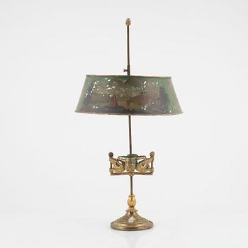 An Empire gilt bronze and tôle-peinte two-light reading lamp, early 19th century.