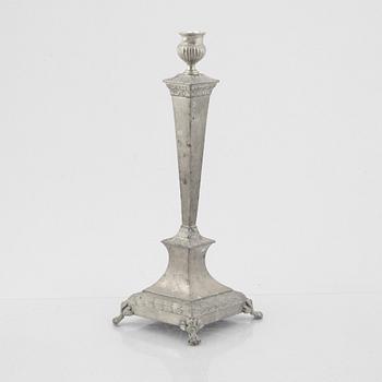 Candelabrum and two candlesticks, tin, by Nils Justelius and Niclas Anström, Eksjö and Växjö, first half of the 19th century.