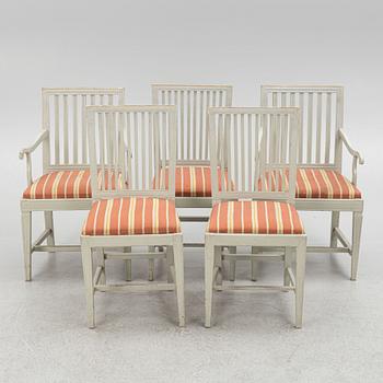 Three chairs and two armchairs,  'Leksand model', Gustavian style, 19-20th Century.