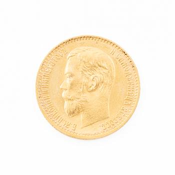 Gold coin, Nicholas II, Russia, 5 Rubles, 1899.