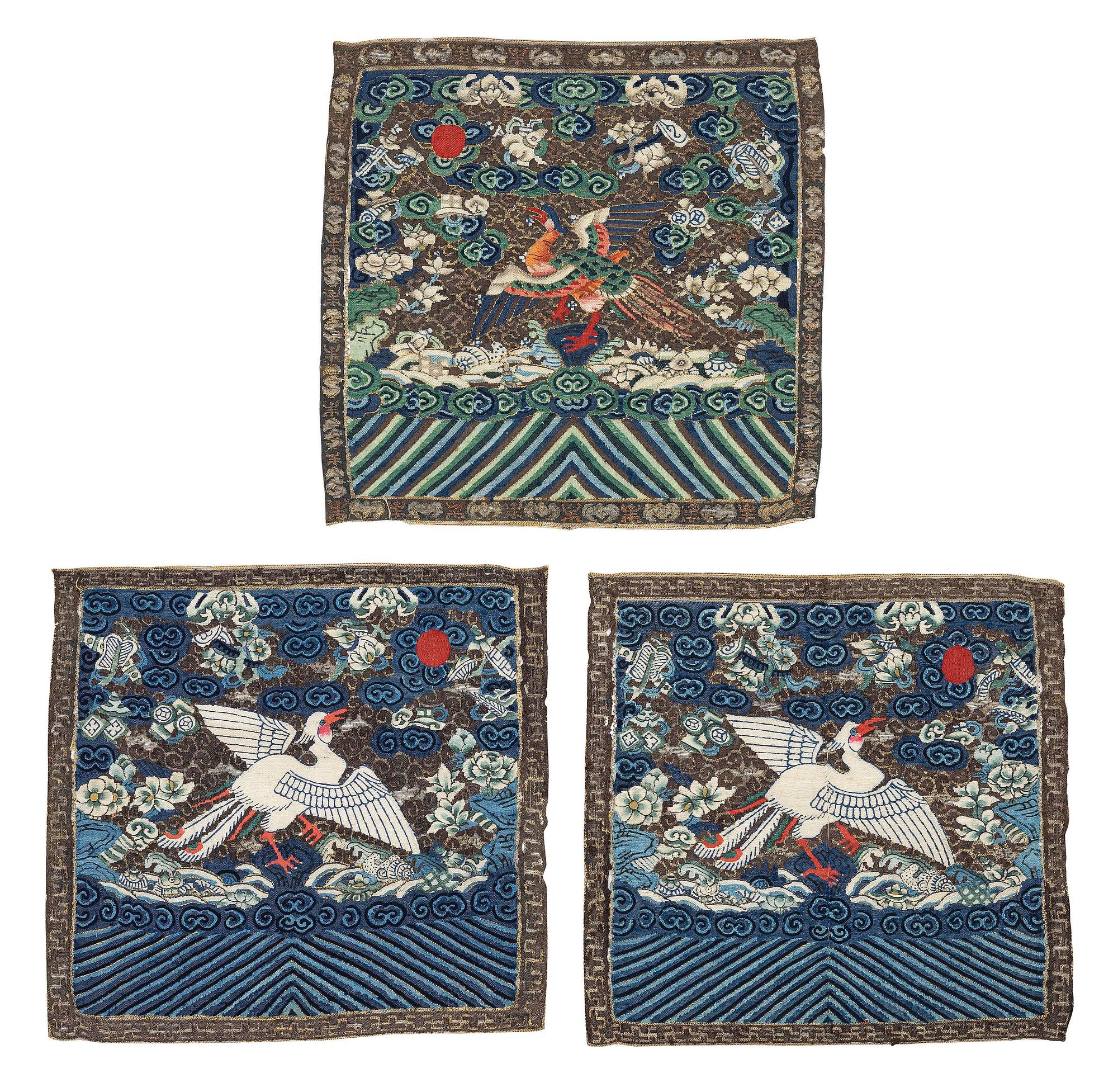 A group of three kesi rank badges with birds, Qing dynasty, 19th century.