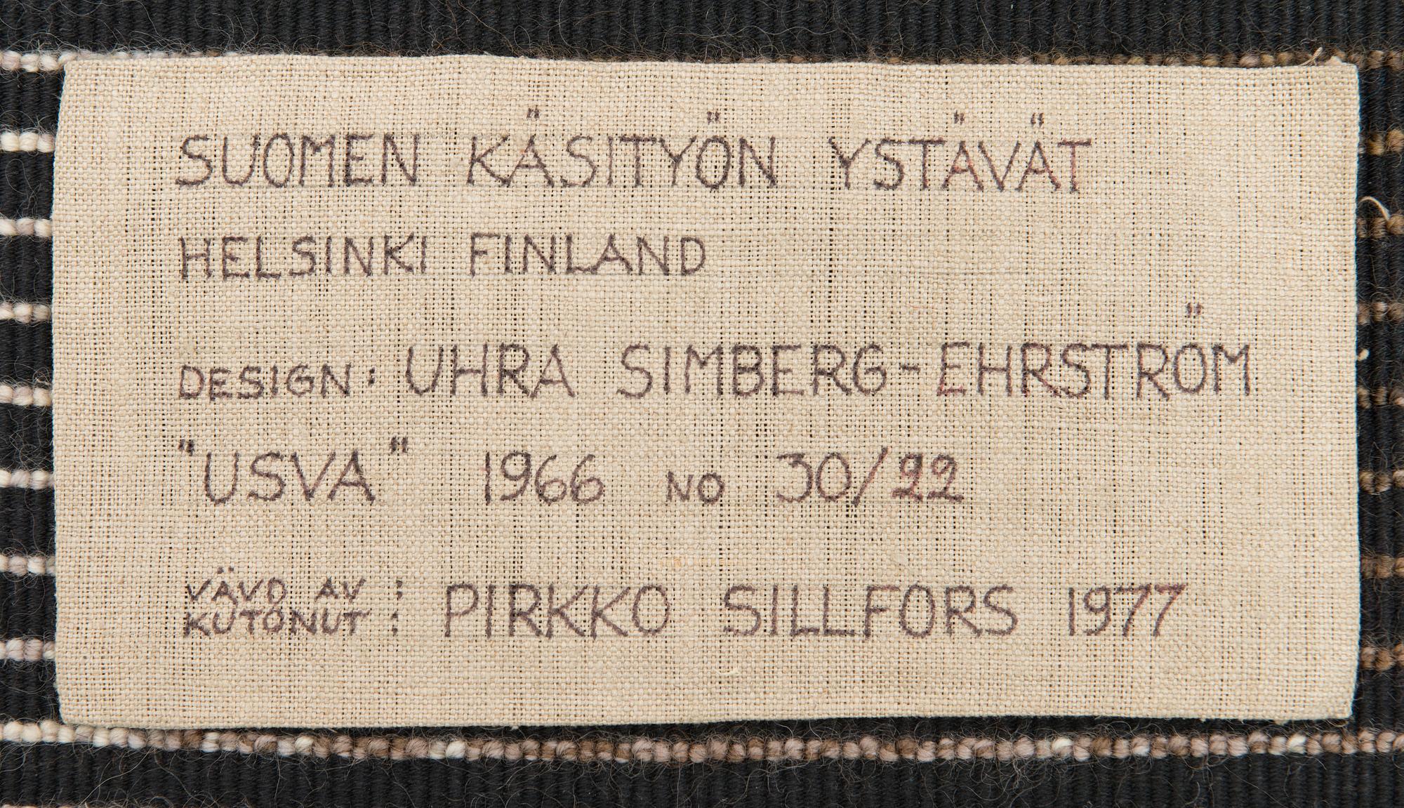 UHRA-BEATA SIMBERG-EHRSTRÖM, rya/ ryamatta Finska Handarbetes Vänner. Ca 145x125 cm.