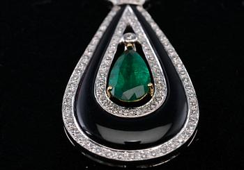 HÄNGE, Kolumbiansk smaragd ca 1.46 ct, briljantslipade diamanter ca 1.20 ct, onyx. Vikt 18 g.