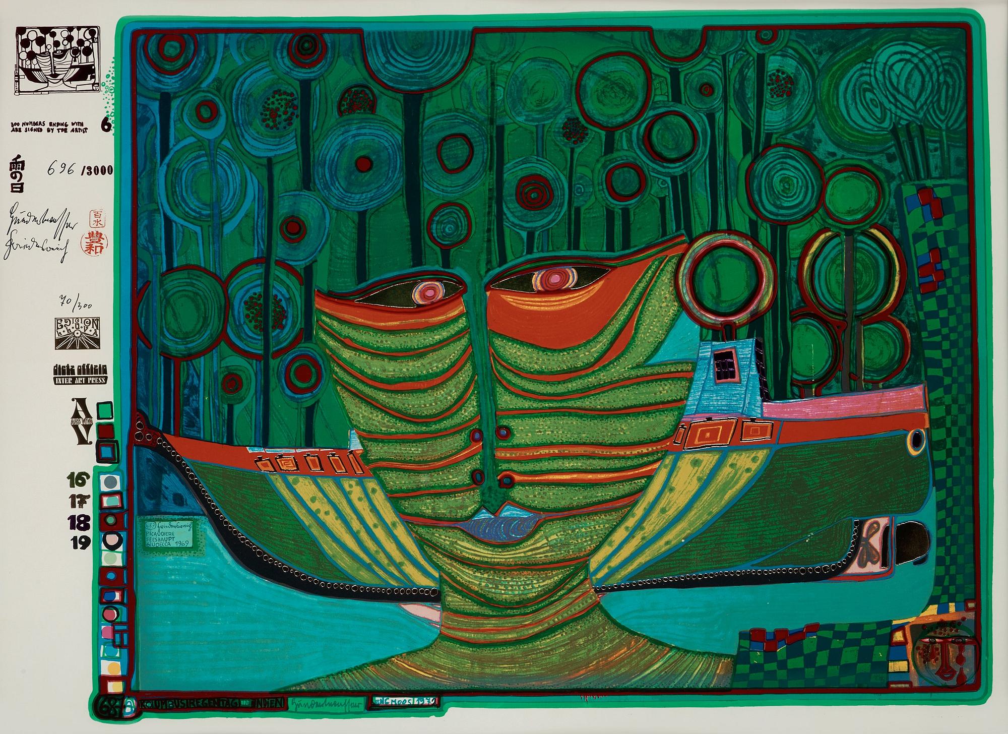 Friedensreich Hundertwasser, "Columbus rainy day in India", from: "Look at it on a rainy day" (Regentag Portfolio).