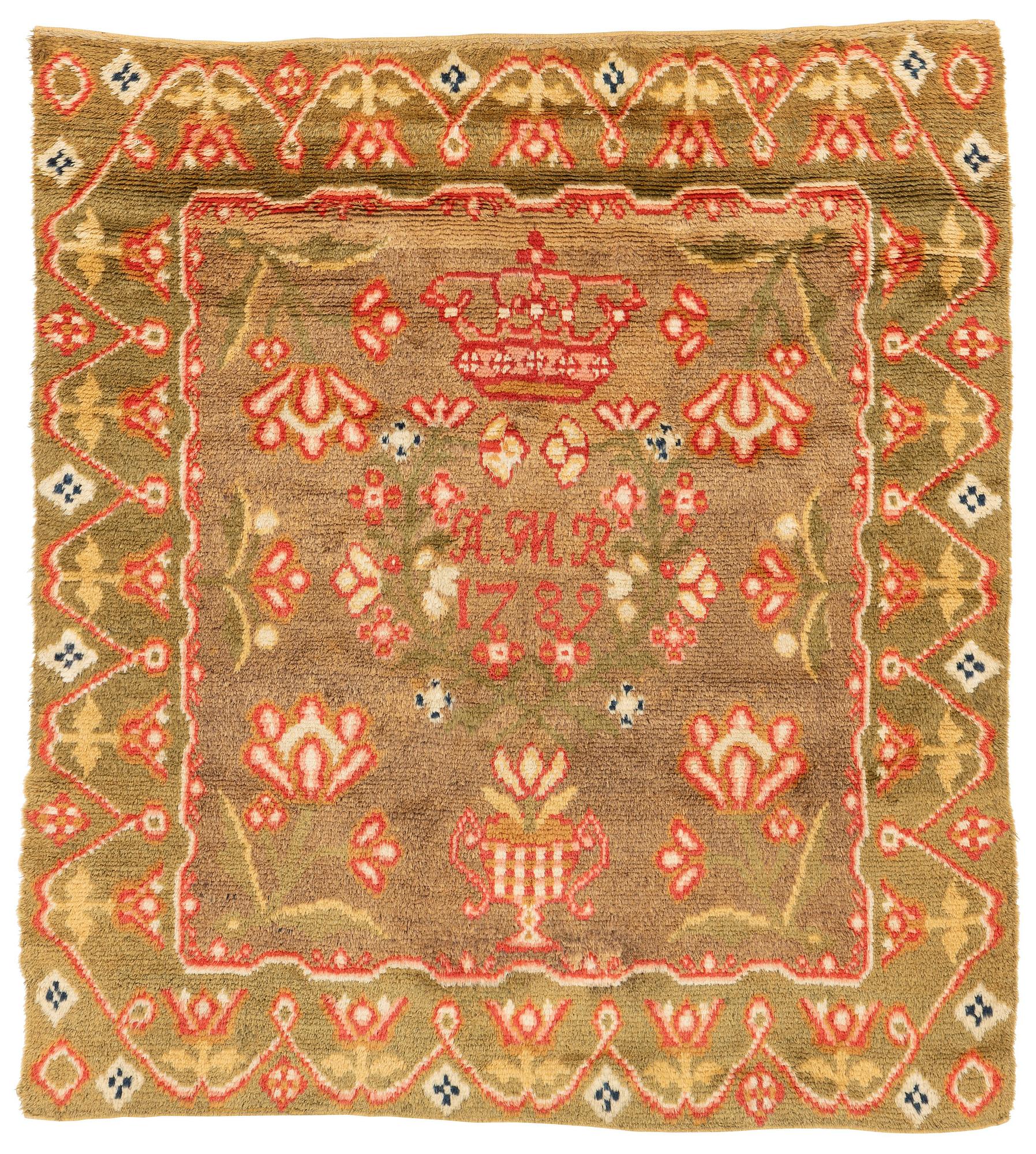 Täcke, rya, ca 181,5 x 160 cm, Finland, daterad 1789.