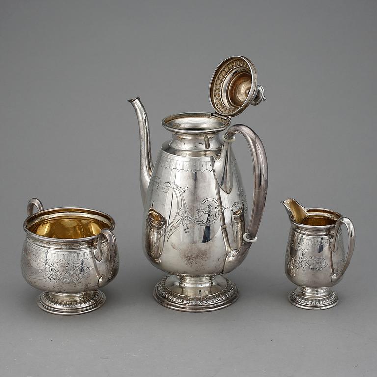 KAFFESERVIS, 3 delar, silver, Anders Gustaf Millberg, Stockholm, 1877-78. Vikt ca 697 g.