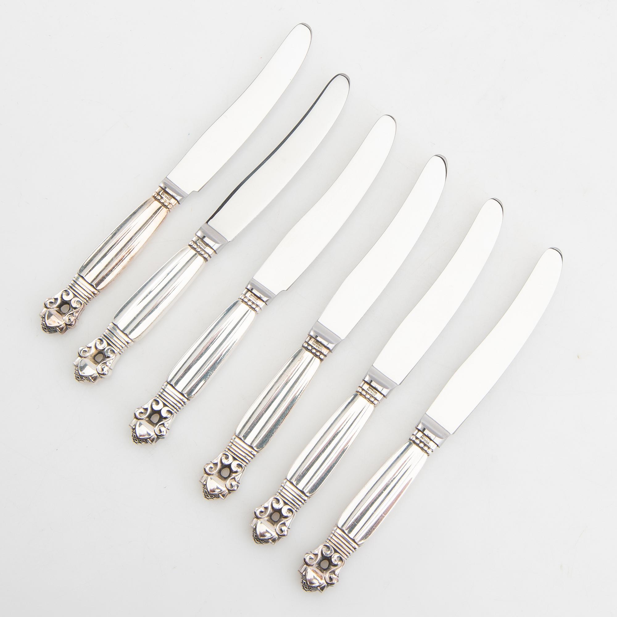 Johan Rohde, fruit knives 12 pcs "Konge/Achorn" sterling silver for Georg Jensen after 1945.