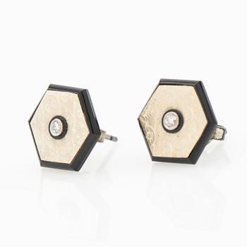 Earrings, a pair, silver and enamel with brilliant-cut diamonds.