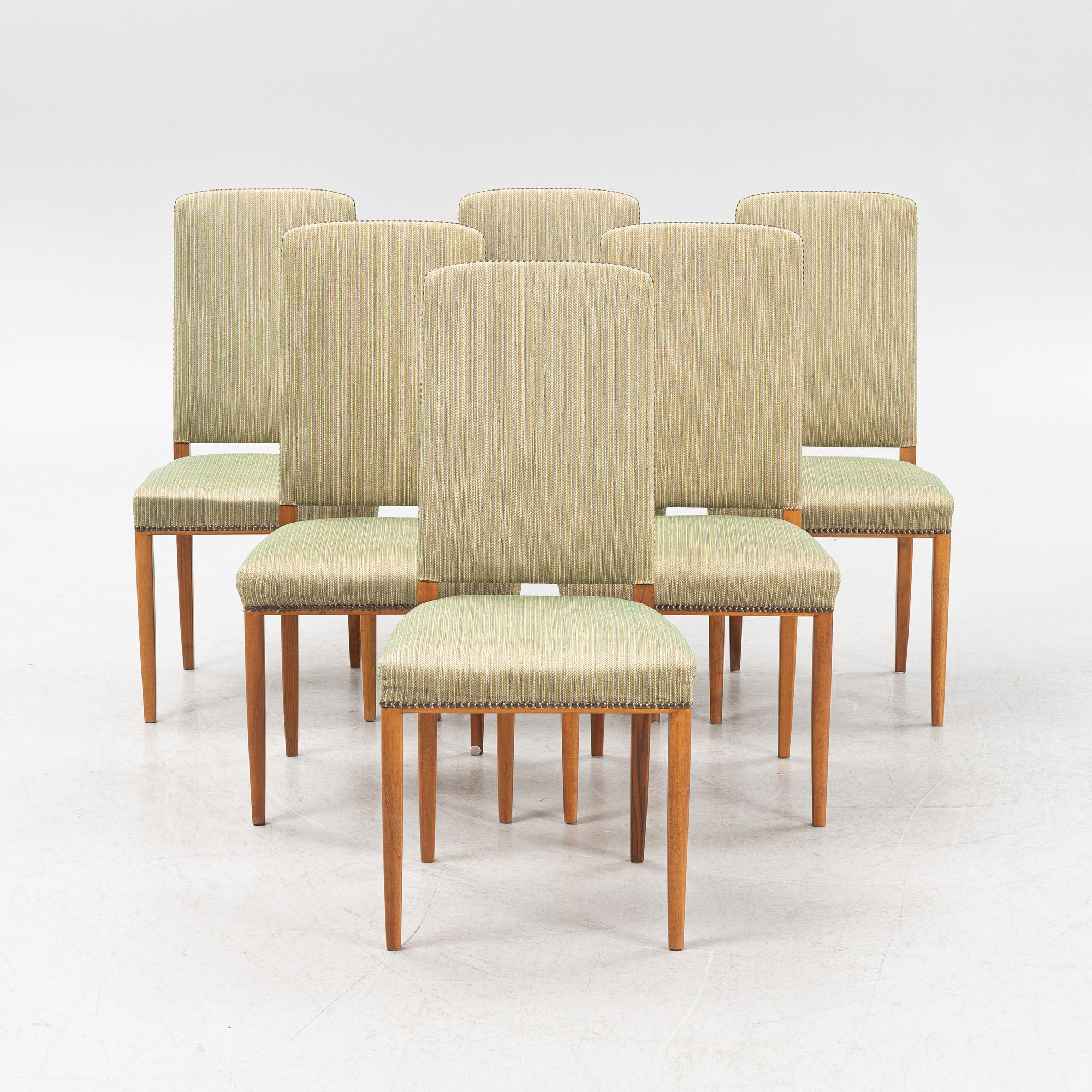 Carl Malmsten, six 'Gustavus' walnut chairs, Åfors, second part of the 20th Century.