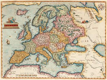 Abraham Ortelius, Ur: Theatrum Orbis Terrarum" (6). Världskarta, Europa, Asien, Afrika, Amerika samt porträtt. 1579.