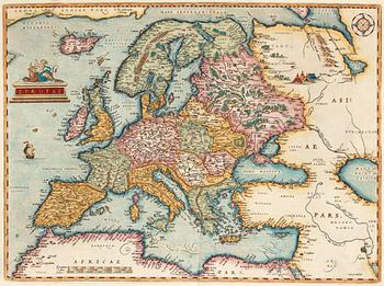 Abraham Ortelius, From; "Theatrum Orbis Terrarum" (6). Worldmap, Europe, Asia, Africa, America and portrait. 1579.