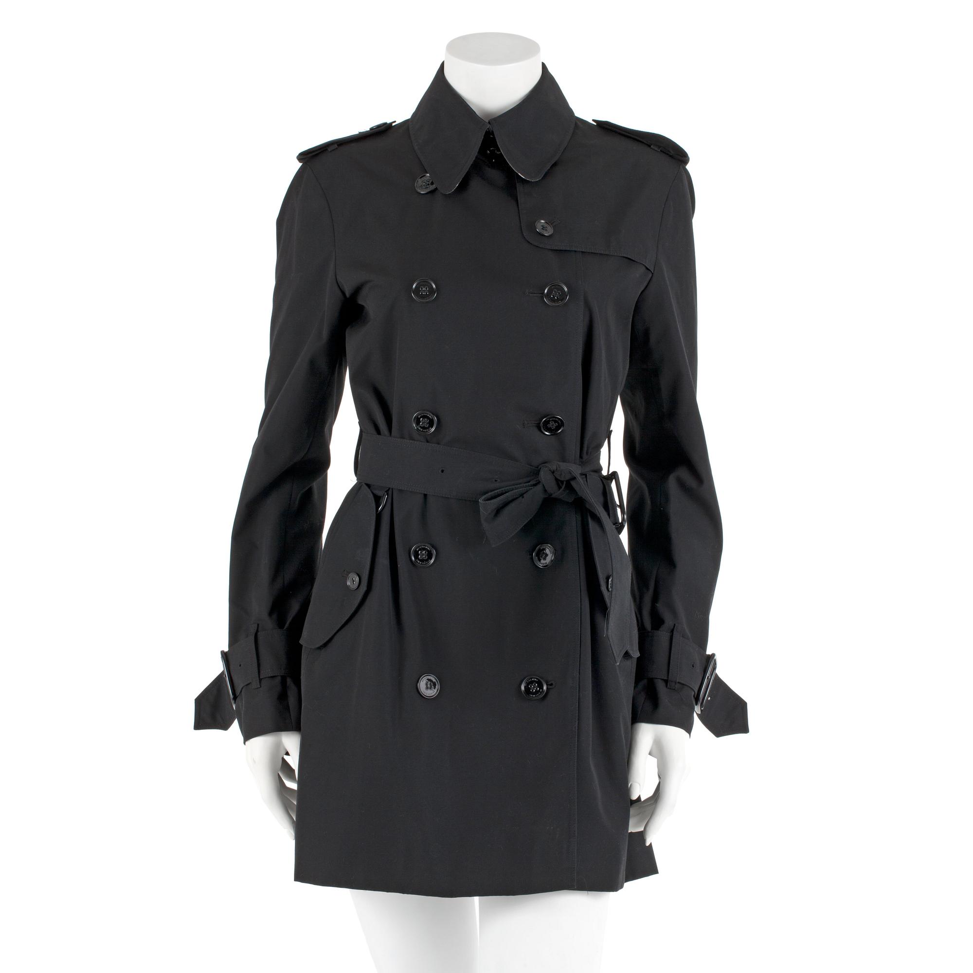 BURBERRY, a black cottonblend ladies trenchcoat. UK size 10.