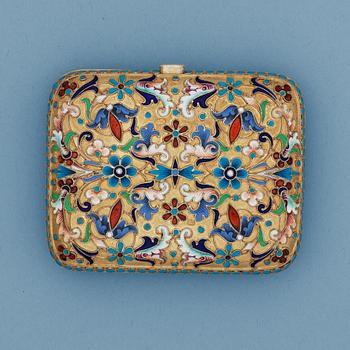 A Russian silver-gilt and enamel cigarette-case, makers mark of Nikolas Strulyev, Moscow 1883-1908.