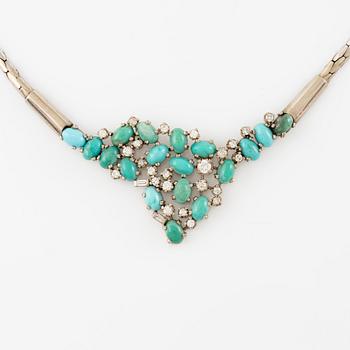 Necklace, 18K white gold with turquoises and baguette-, octagonal- and brilliant-cut diamonds.