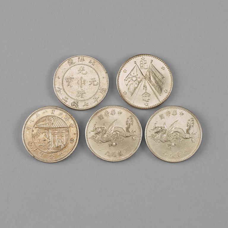 A set of five Chinese silver dollar, four Republic and one Guangxu (1908).