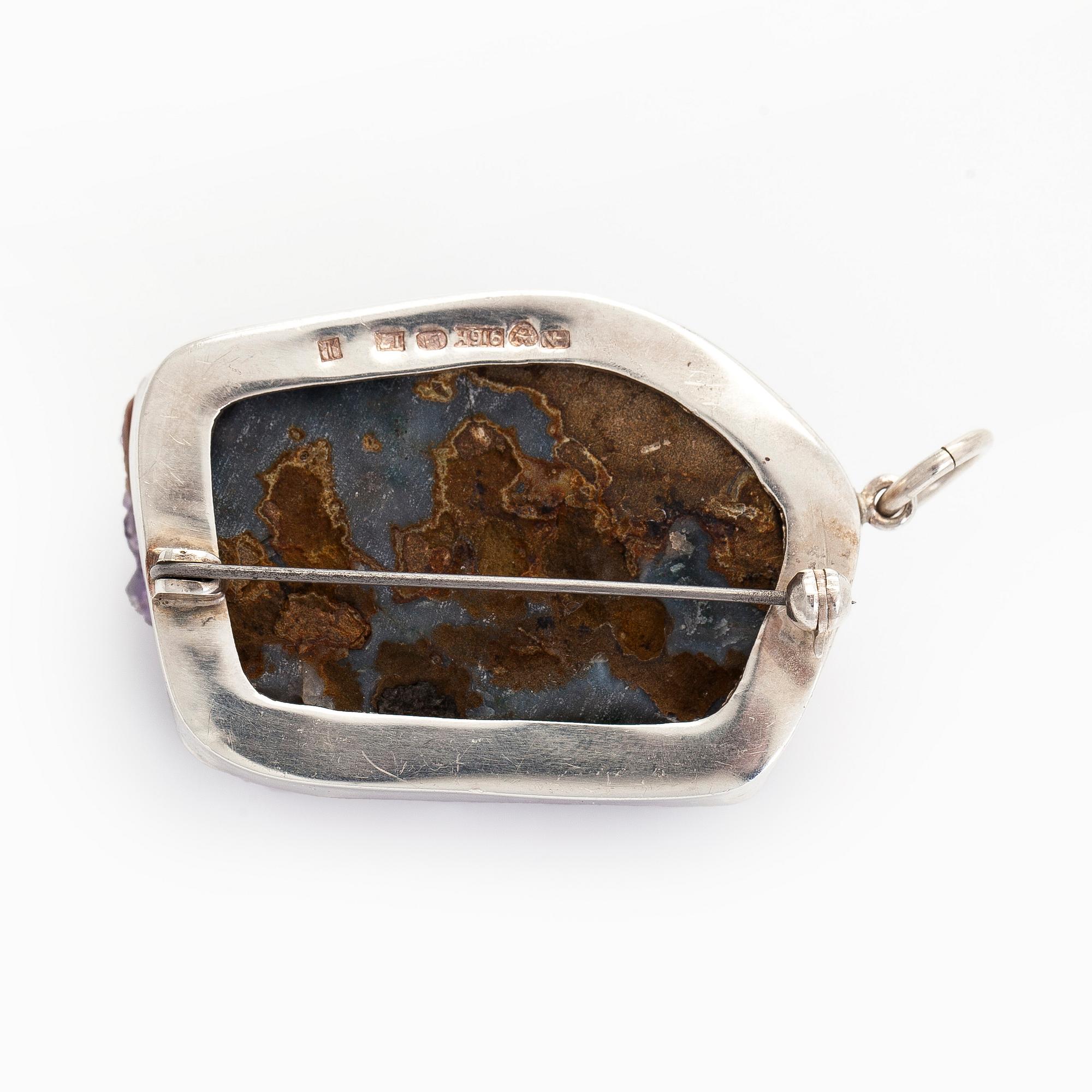 Helge Narsakka, pendant / brooch, amethyst crystal, silver, Kaunis Koru 1962.